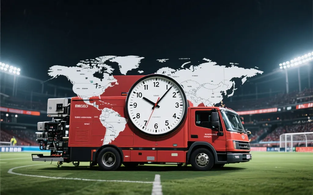 转播车与全球时区钟面叠加的视觉概念，表现世界杯揭幕战的转播与商业逻辑