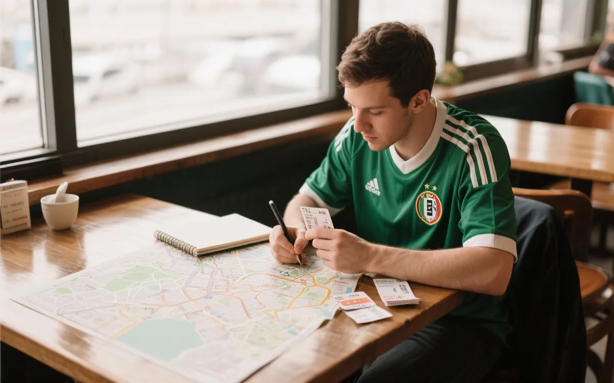 球迷在城市街头规划路线与门票选择的旅行感场景