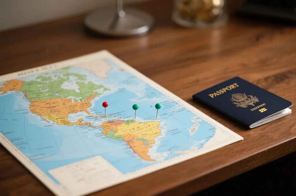 An editorial concept photo of a physical map of North America with generic pins, next to a passport on a wooden desk